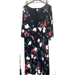 Old Navy Black Floral Midi Dress Plus Size 2X faux wrap 3/4 sleeve stretch